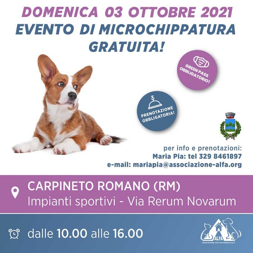 Evento di microchippatura gratuita: 03 ottobre a Carpineto Romano