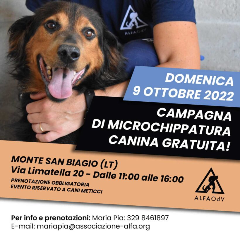 Microchip gratuito cani: domenica 9 ottobre a Monte San Biagio